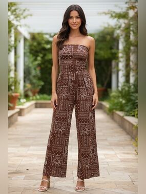Heart & Hips Strapless smocked bodice PALAZZO JUMPSUIT NWT